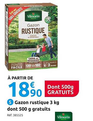 gazon rustique 3 kg dont 500 g gratuits vilmorin