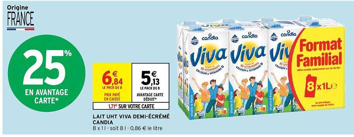 lait uht viva demi-écrémé candia