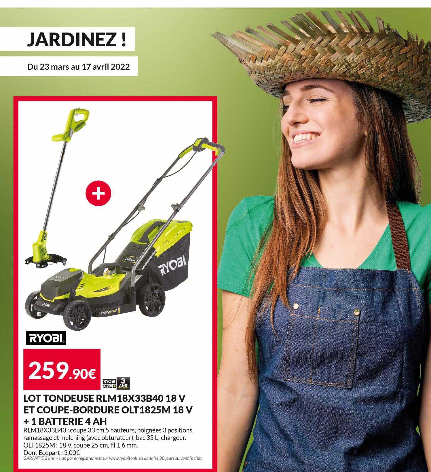 lot tondeuse rlm18x33b40 18v et coupe-bordure olt1825m 18v + 1 batterie 4 ah ryobi