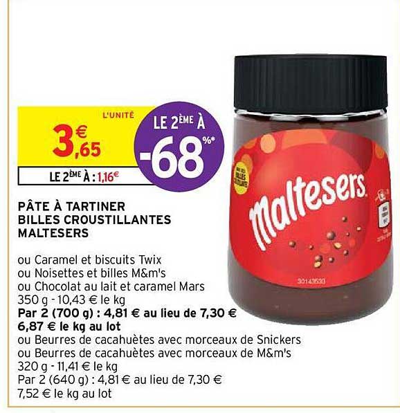 Pâte à Tartiner Billes Croustillantes Maltesers Le 2ème à -68%