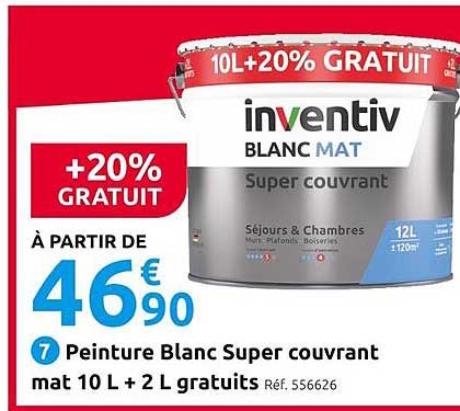 peinture blanc super couvrant mat 10 l + 2 l gratuits inventiv