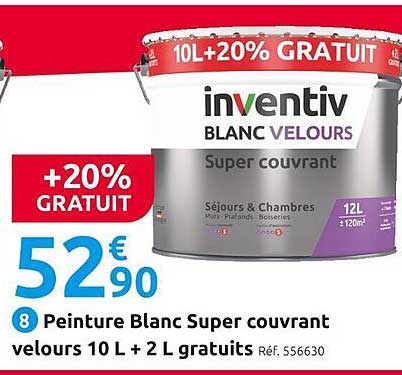 peinture blanc super couvrant velours 10 l + 2 l gratuits