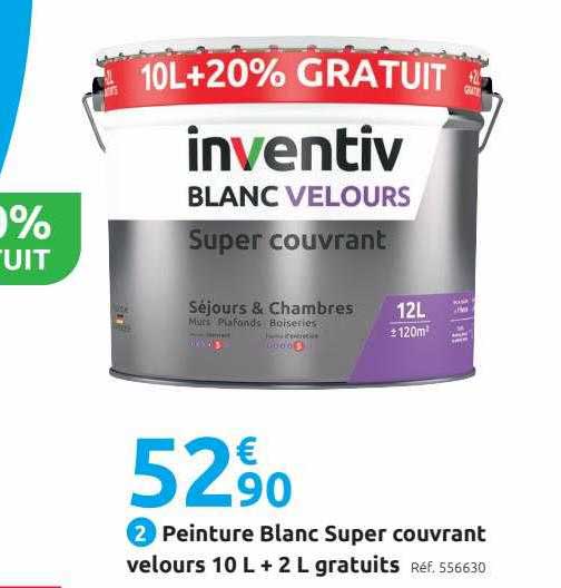 peinture blanc super couvrant velours 10 l + 2 l gratuits inventiv
