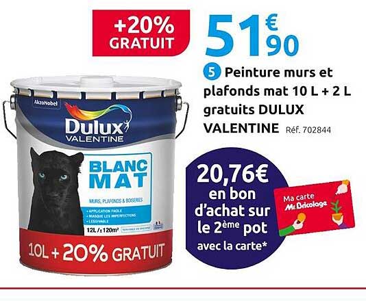 peinture murs et plafonds mat 10 l + 2 l gratuits dulux valentine