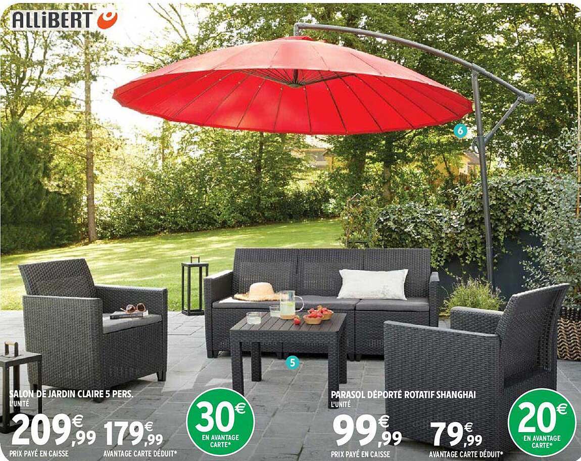 salon de jardin claire 5 pers., parasol déporté rotatif shanghai