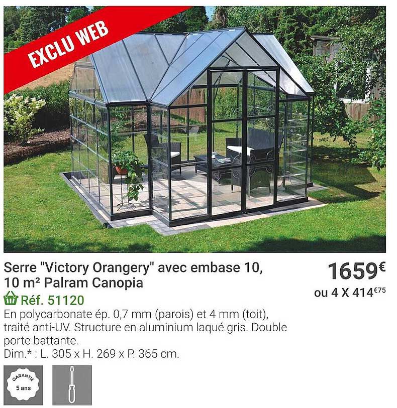 serre "victory orangery" avec embase 10 palram canopia