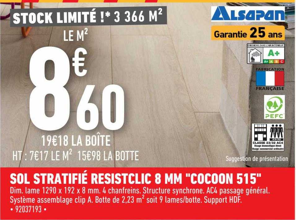 sol stratifié resistclic 8 mm "cocoon 515" alsapan