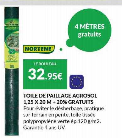toile de paillage agrosol 1,25 x 20 m + 20% gratuits nortene