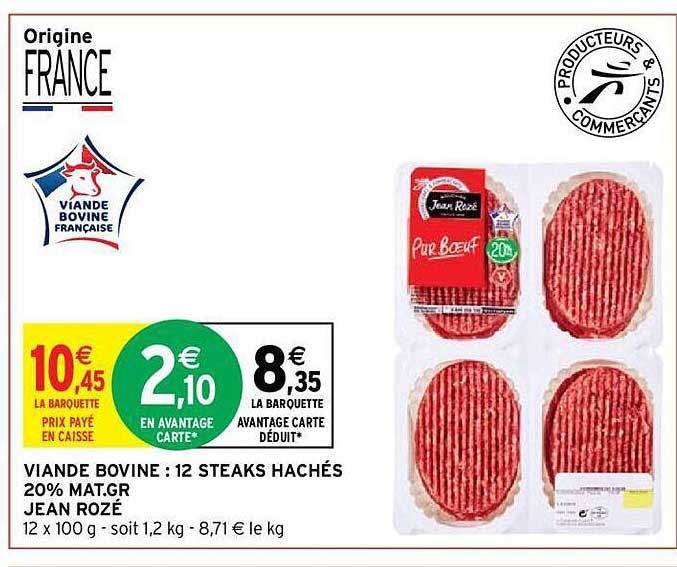 viande bovine : 12 steaks hachés 20% mat.gr jean rozé