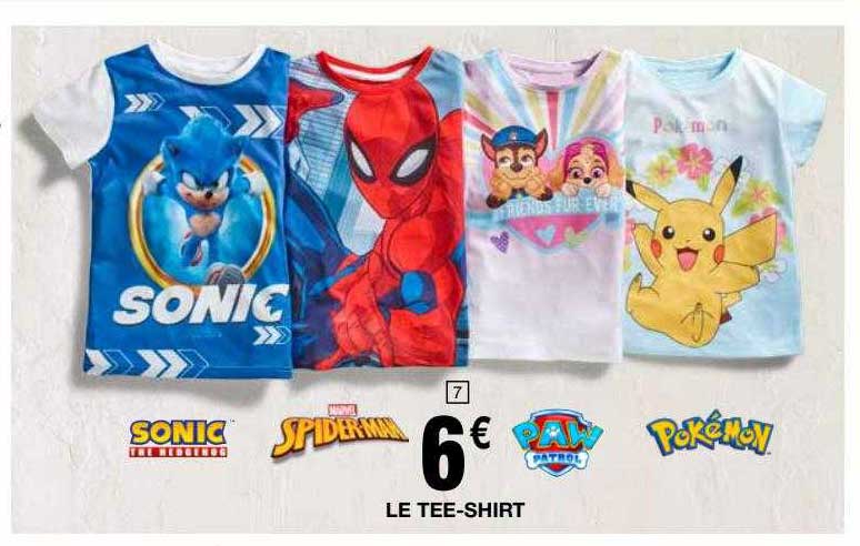 Le Tee-shirt Sonic, Spider-man, Paw Patrol, Pokémon