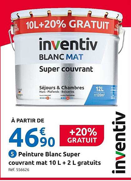 peinture blanc super couvrant mat 10l + 2l gratuits inventiv