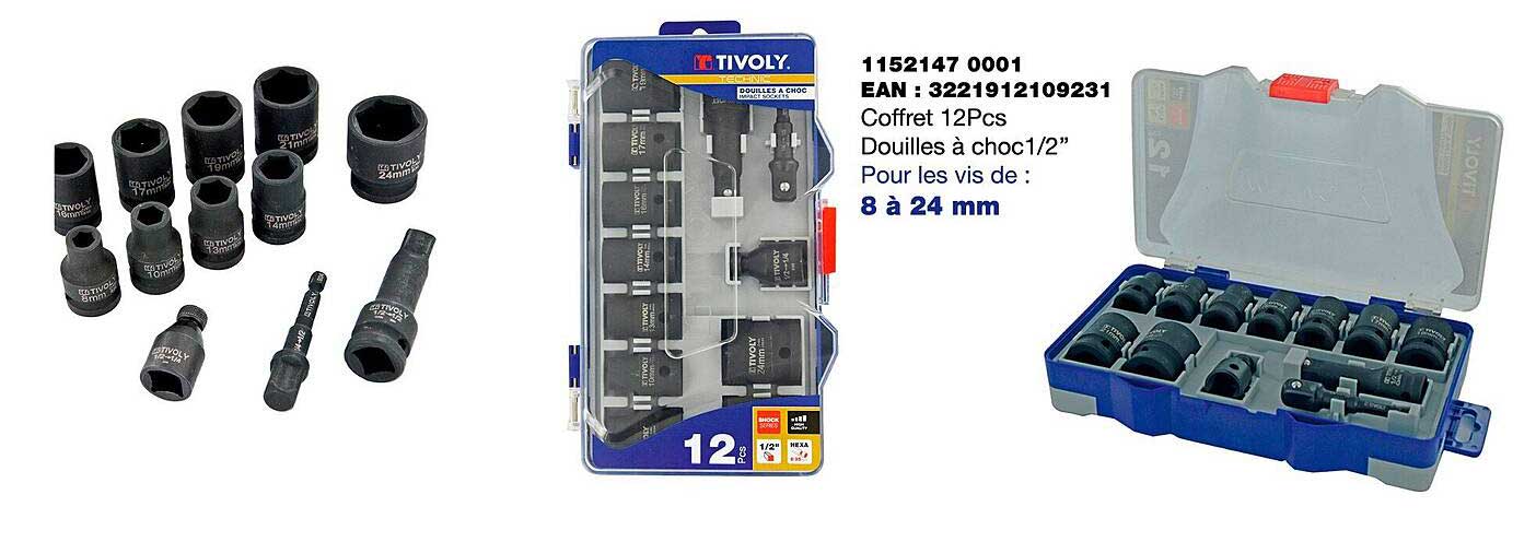 coffret 12 pcs douilles à choc 1-2" tivoly