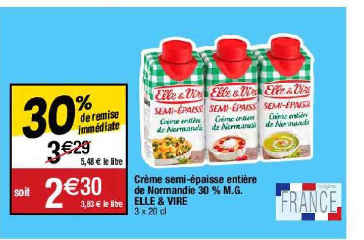 crème semi-épaisse entière de normandie 30% m.g. elle & vire