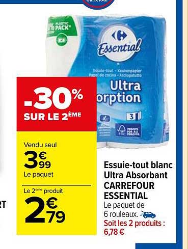 essuie-tout blanc ultra absorbant carrefour essential