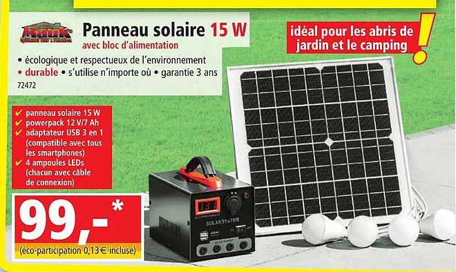 panneau solaire 15w avec bloc d'alimentation