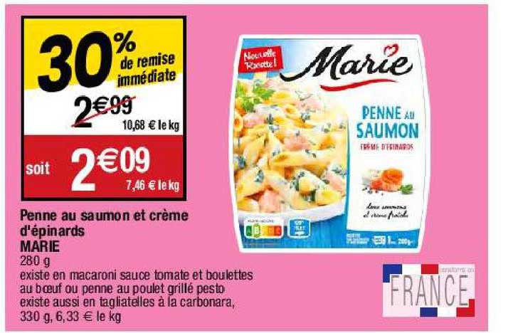 Penne Au Saumon Et Crème D'épinards Marie
