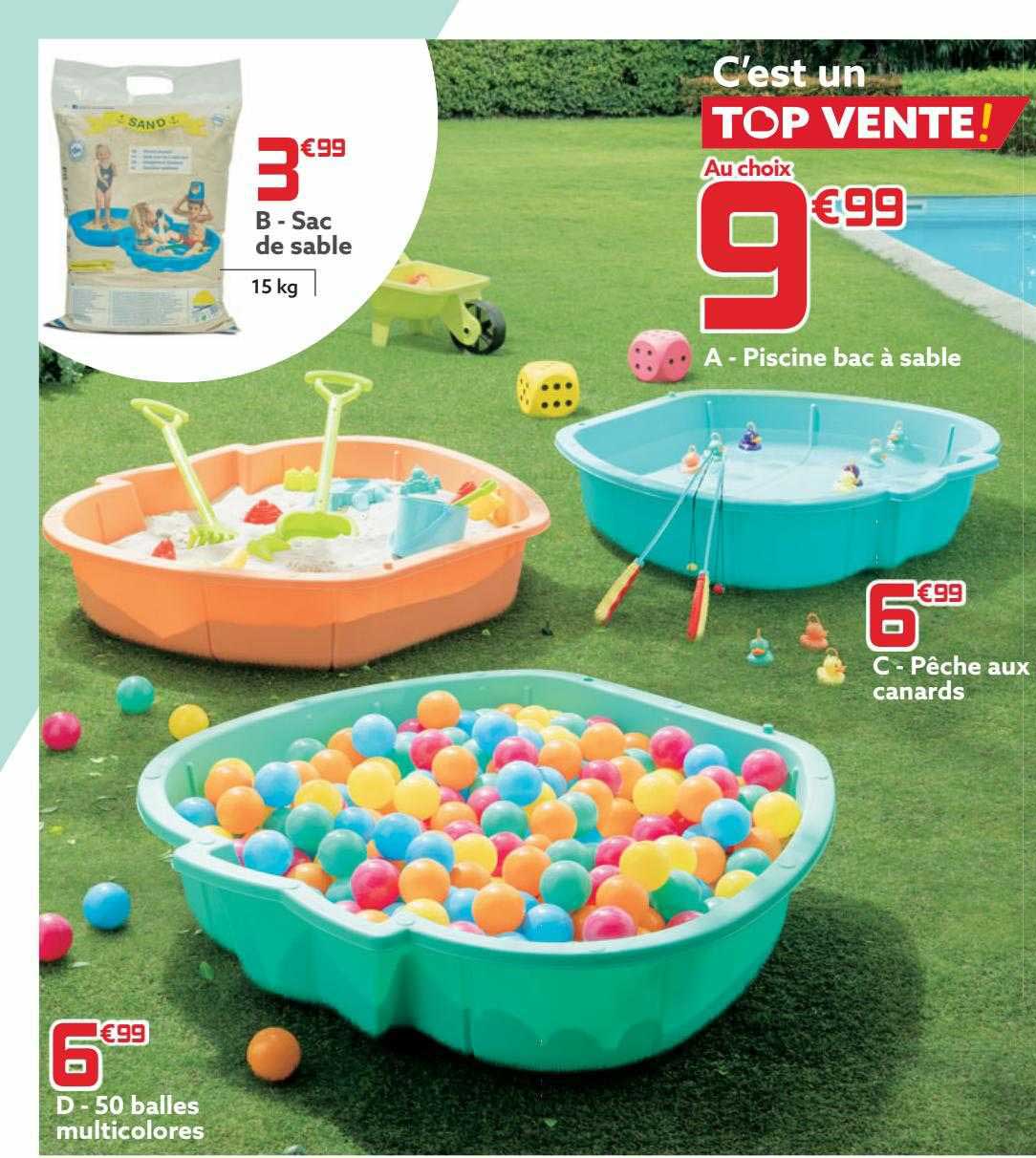piscine bac à sable, pêche aux canards, 50 balles multicolores, sac de sable