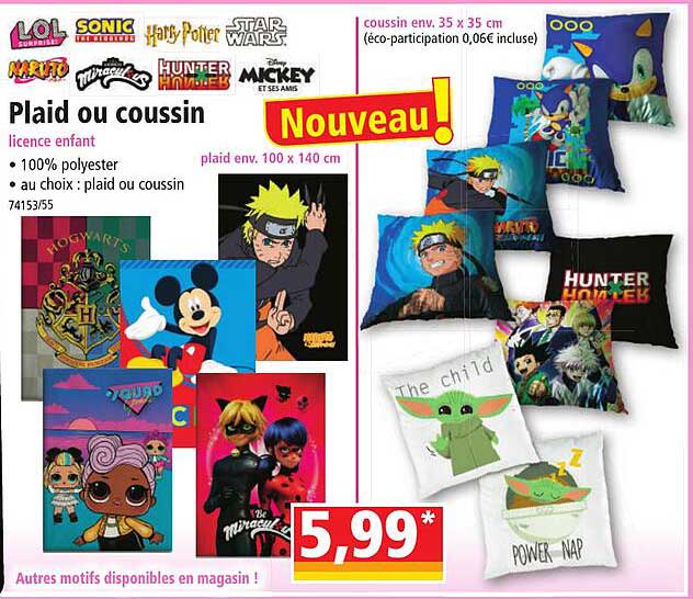 plaid ou coussin lol surprise, sonic, harry potter, star wars, naruto, miraculous, hunter houten, mickey