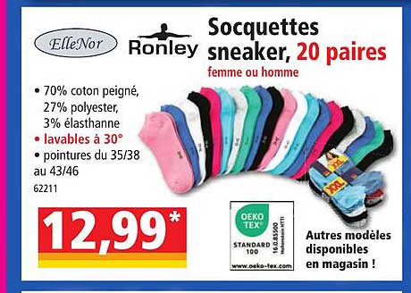 socquettes sneaker, 20 paires femme ou homme elleNor, ronley