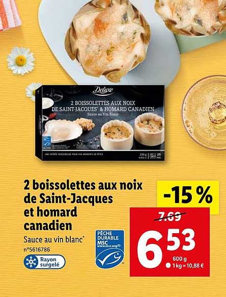 2 boissolettes aux noix de saint-jacques et homard canadien deluxe