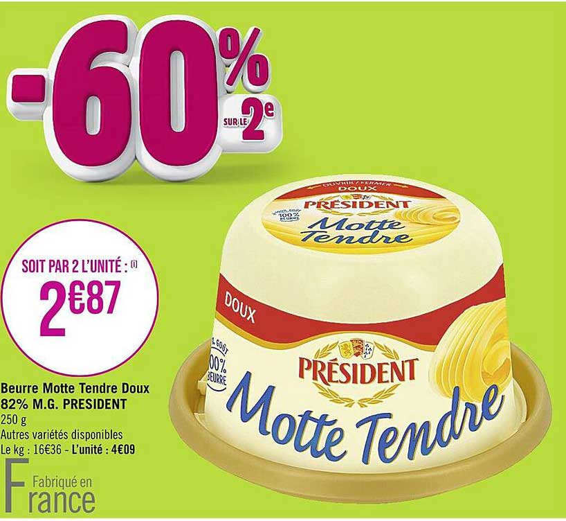 beurre motte tendre doux 82% m.g. président