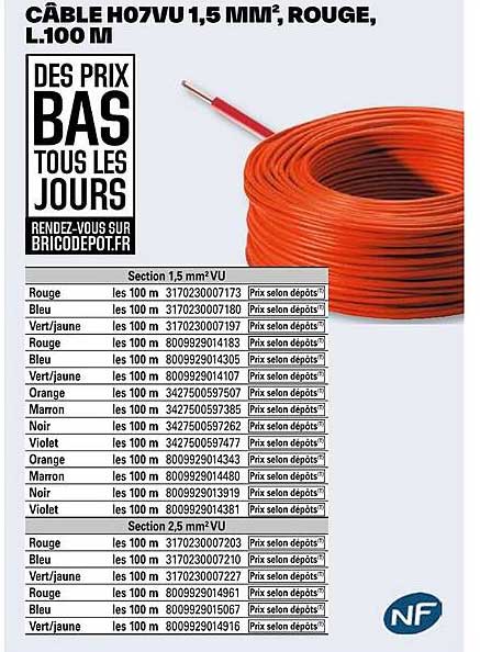 câble h07vu 1.5 mm2 rouge l.100 m