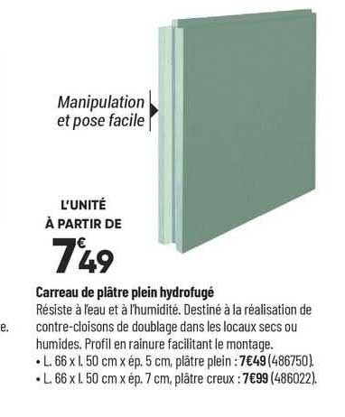 carreau de plâtre plein hydrofugé