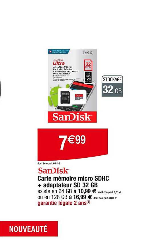 carte mémoire micro sdhc + adaptateur sd 32 gb sandisk
