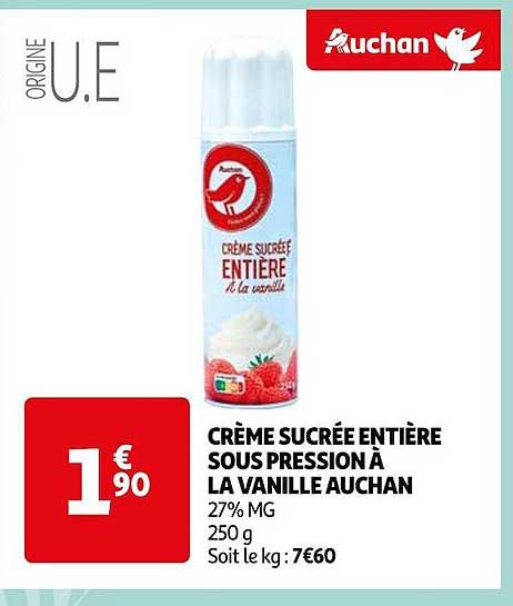 crème sucrée entière sous pression à la vanille auchan