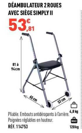 déambulateur 2 roues avec siège simply ii