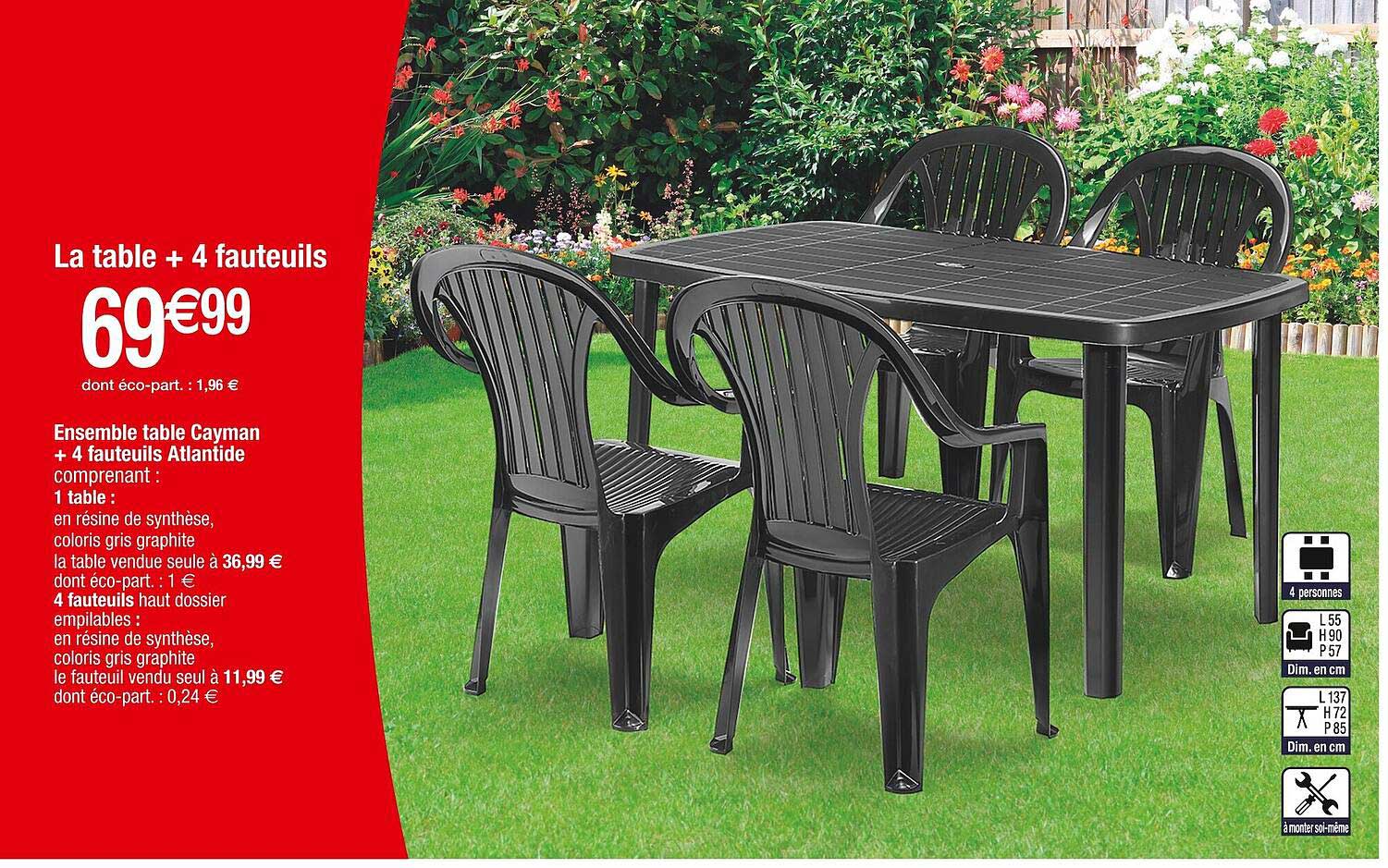 ensemble table cayman + 4 fauteuils atlantide