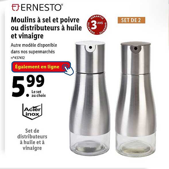 ernesto moulins à sel et poivre ou distributeurs à huile et vinaigre