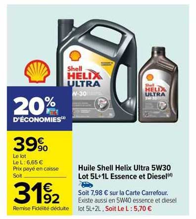 huile shell helix ultra 5w30 lot 5l + 1l essence et diesel