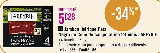 jambon ibérique pata negra de cebo de campo affiné 24 mois labeyrie
