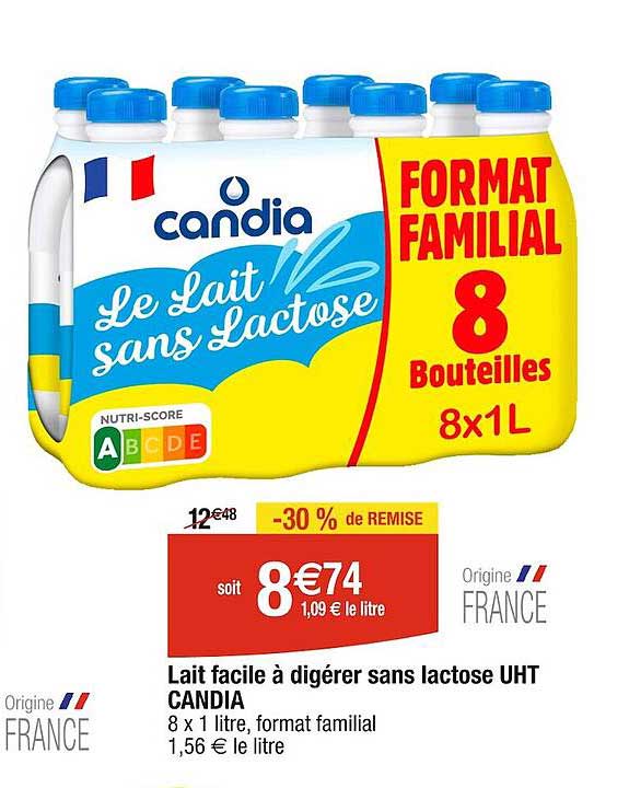 lait facile à digérer sans lactose uht candia