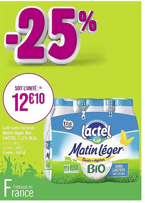 lait sans lactose matin léger bio lactel 1.2% m.g.
