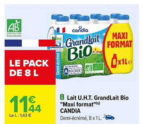 lait u.h.t. grand lait bio "maxi format" candia