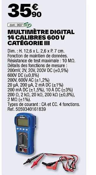 multimètre digital 14 calibres 600 w catégorie iii