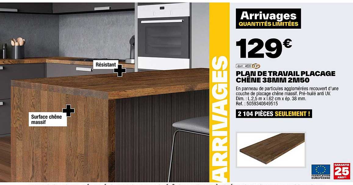 plan de travail placage chêne 38 mm 2m50