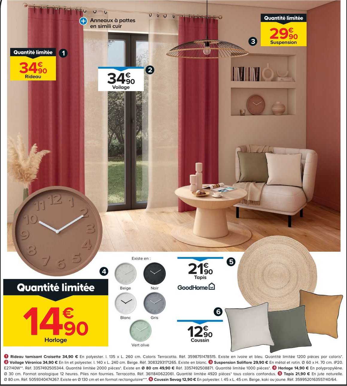 rideau tamisant croisette, voilage véronica, suspension soliflore, horloge, tapis, coussin sevag