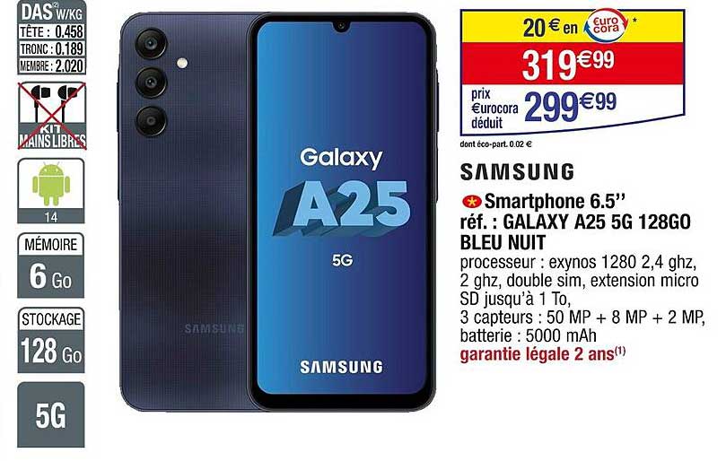 smartphone 6.5" réf. : galaxy a25 5g 128gbo bleu nuit samsung