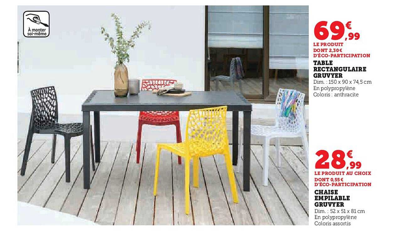 table rectangulaire gruvyer, chaise empilable gruvyer