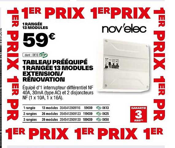 tableau prééquipé 1 rangée 13 modules extension/rénovation