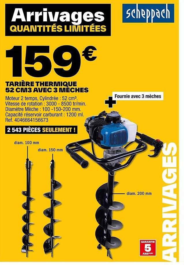 tarière thermique 52 cm3 avec mèches scheppach