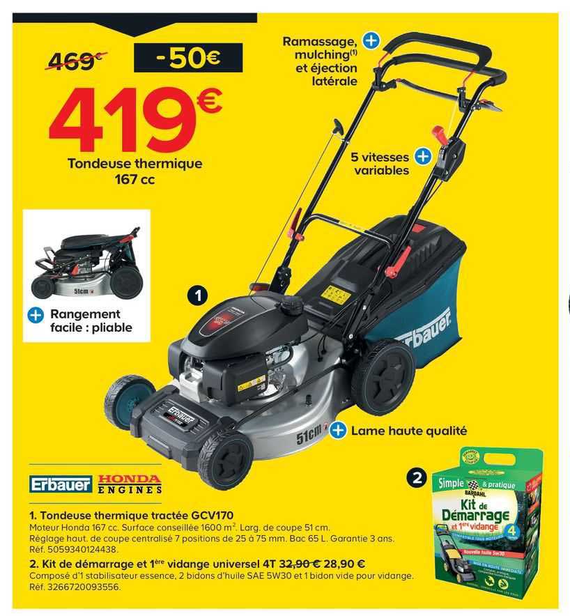 tondeuse thermique 167 cc erbauer, kit de démarrage et 1ère vidange universel 4t