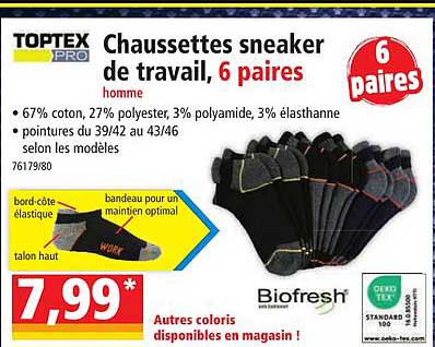 toptex pro chaussettes sneaker de travail 6 paires