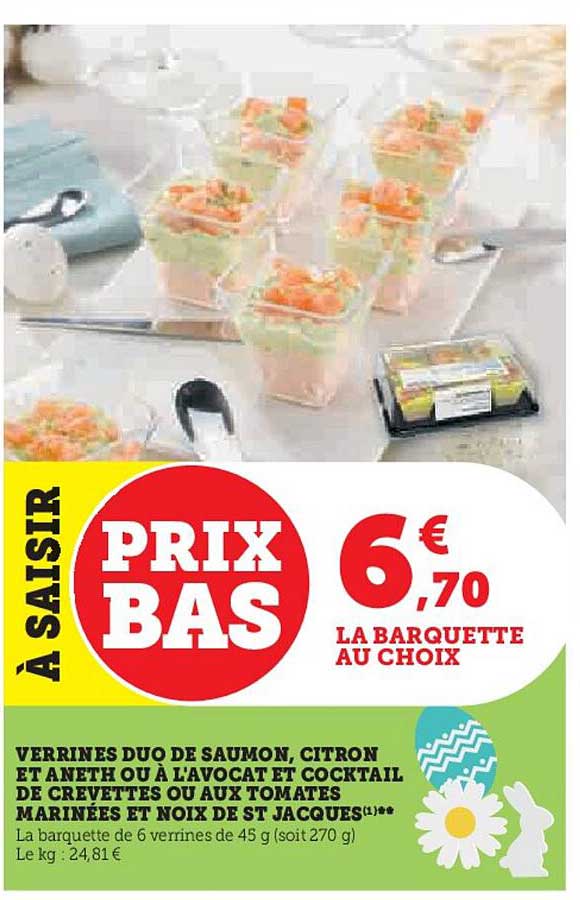 verrines duo de saumon, citron et aneth ou à l'avocat et cocktail de crevettes ou aux tomates marinées et noix de st jacques