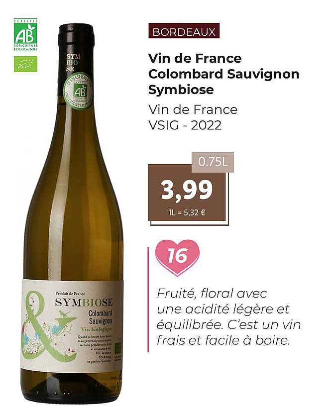 vin de france colombard sauvignon symbiose vsig - 2022