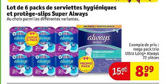 lot de 6 packs de serviettes hygiéniques et protège-slips super always