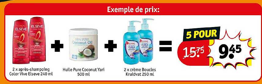 2 x  après-shampoing color vive elsève 240ml + huile pure coconut yari 500ml + 2 x  crème boucles kruidvat 250ml